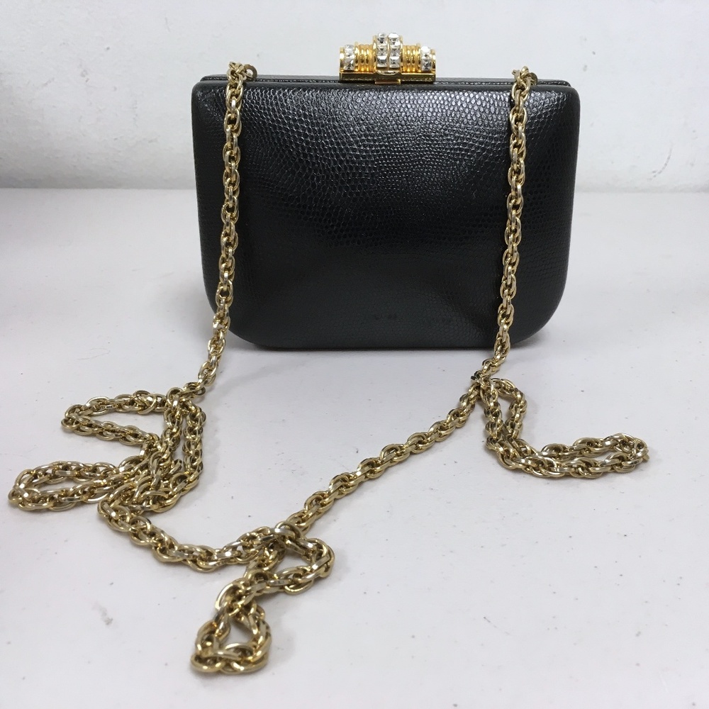 RODO ITALY Vintage black crystal evening bag lizard clutch shoulder gold chain